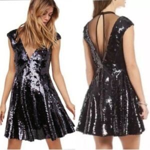 Free People Black A-line Mini Dress with Plunge Neckline